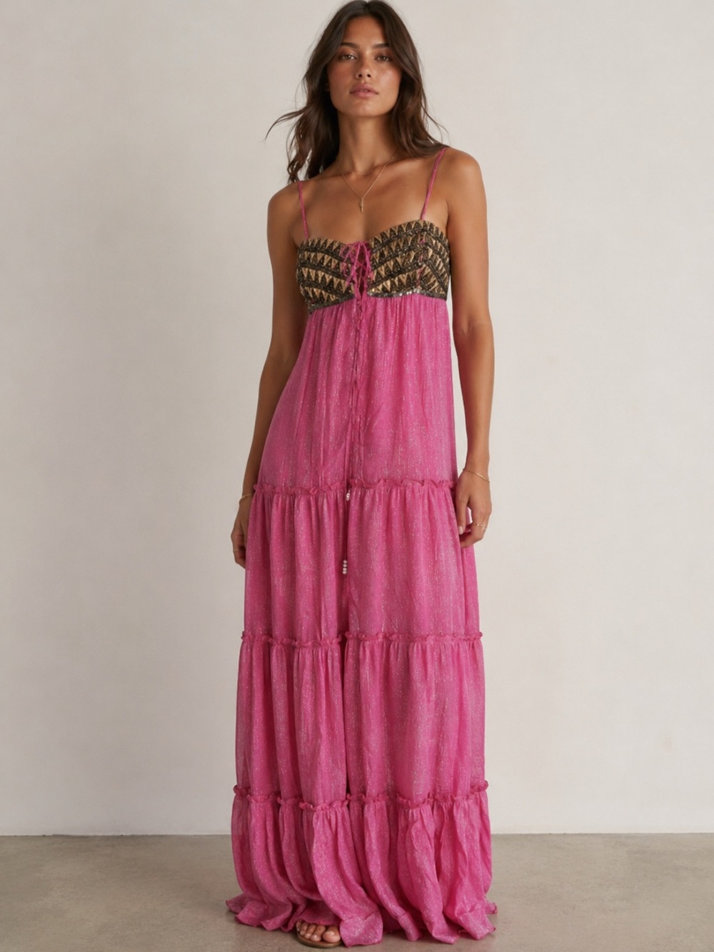 RAGA Magenta Smocked Maxi Dress with Gold Beaded Sequin Accents Size Small NWT